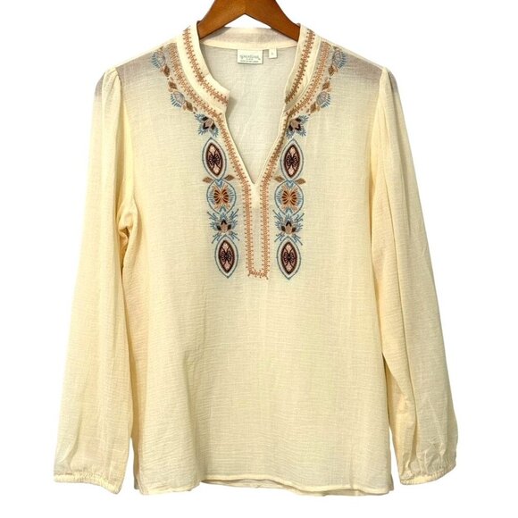 Spartina 449 Analyn Embroidered Tunic Blouse 100% Cotton Gauze Sheer Boho Size L - Picture 1 of 11